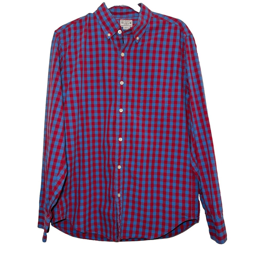 J.Crew Factory Mens Medium Red Blue Gingham Check Button Down Shirt 100% Cotton